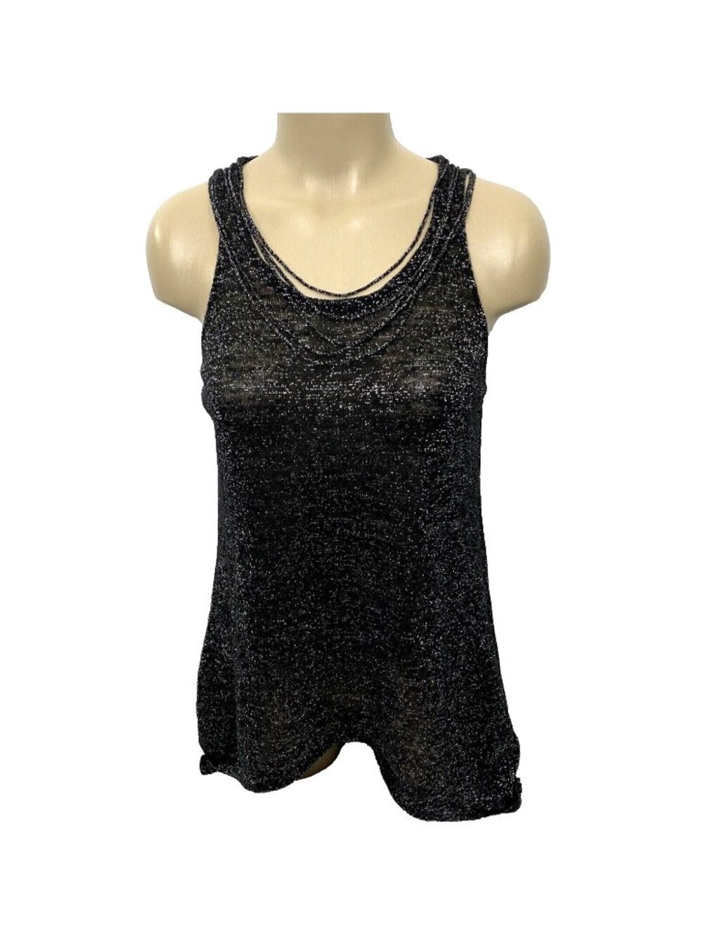 Eileen Fisher Sleeveless Fine Knit Tank Top Womens Medium Black Silver Metallic